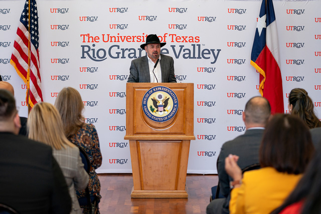 UTRGV President Guy Bailey speaks during a press conference where federal grant funding for UTRGV and the City of Edinburg is announced on Wednesday, Oct. 23, 2024 at the Visitors Center in Edinburg, Texas. UTRGV Photo by Paul Chouy